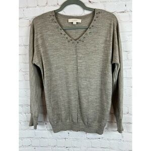 ANN TAYLOR LOFT gray beaded crystal wool blend knit sweater pullover top SM